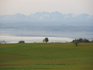 Widok na Tatry z Bukowińskiego Wierchu o wschodzie Słońca